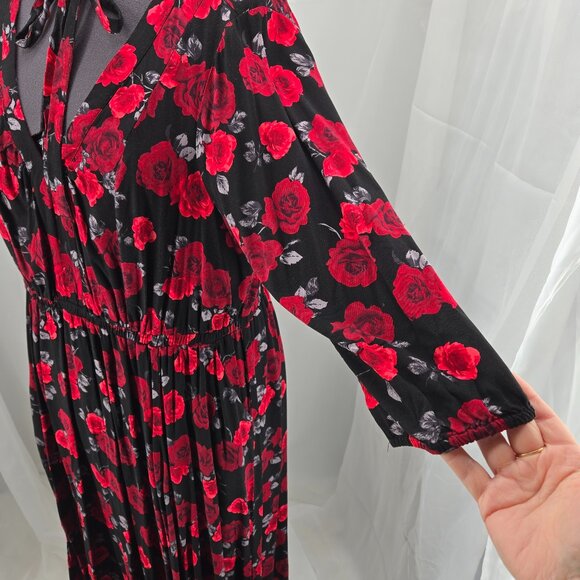 718-5 Torrid Midi Stretch Challis Tie Neck Dress Rose Black Floral Size 2 18/20 - Picture 6 of 16